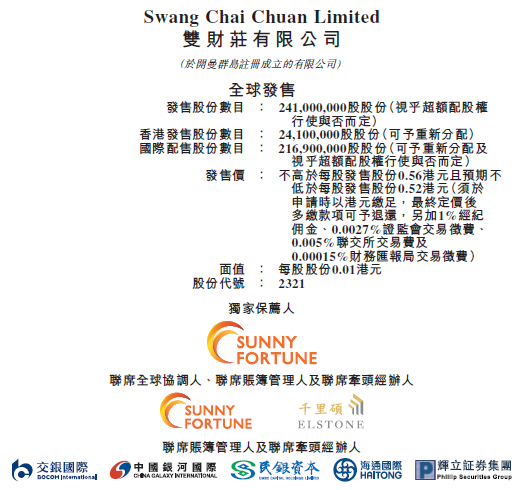 双财庄02321今招股预计8月19日香港挂牌上市